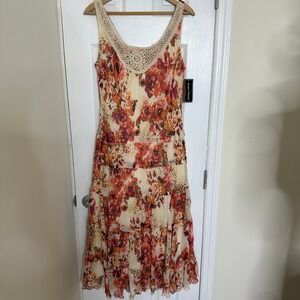 Jessica Howard Womens Floral Leopard Print Crochet Neck Tiered Midi Dress Sz 16